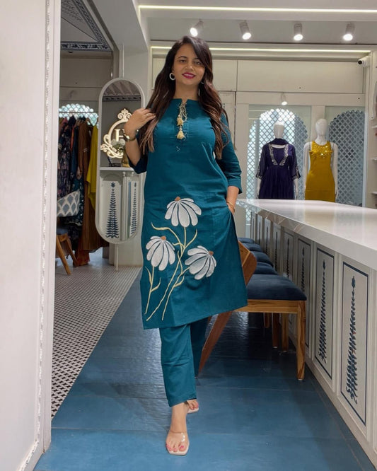 Teal Blue Embroidered Cotton Co-Ord Set.