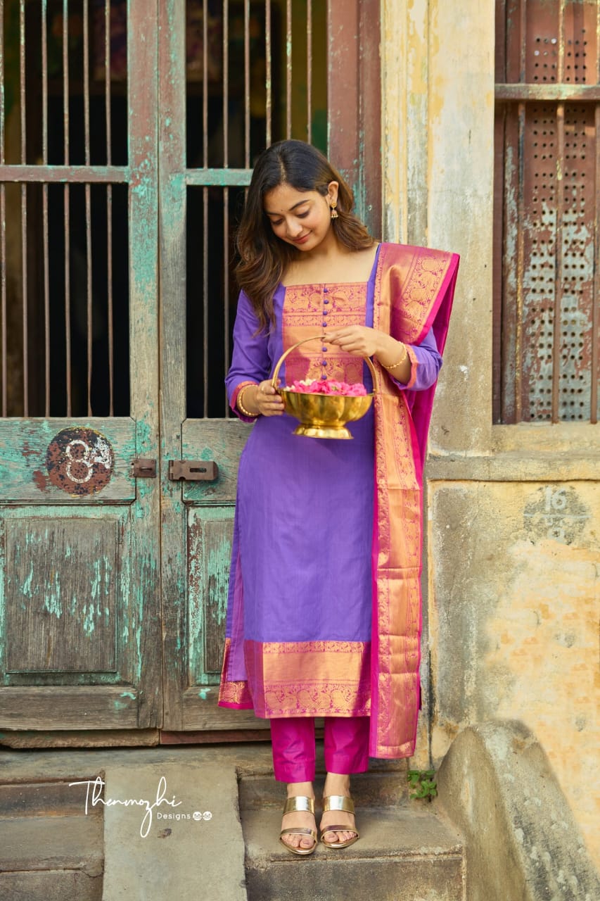 Kanchi Cotton Co-Ord Set in Royal Purple & Golden Beige Variants.