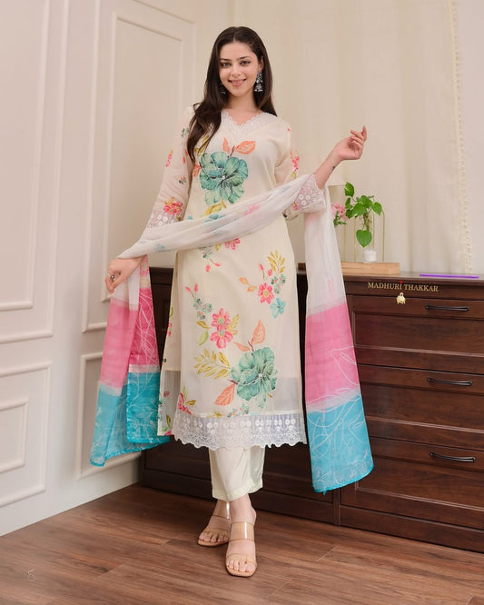Cream-White Floral Cotton Kurti Set with Ombre Organza Dupatta