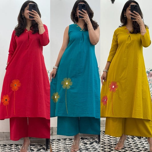 Elegant Embroidered Cotton Kurti with Palazzo Set