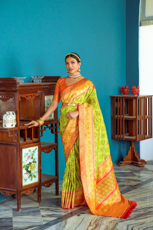 Vibrant Banarasi Silk Saree with Contrast Patola Border & Brocade Blouse.