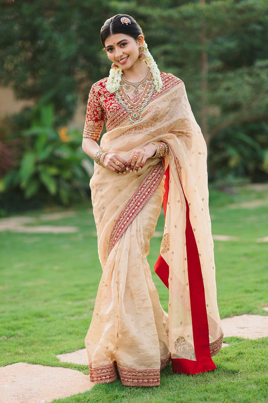 Beige Silk Saree with Red Embroidered Border &amp; Contrasting Blouse.
