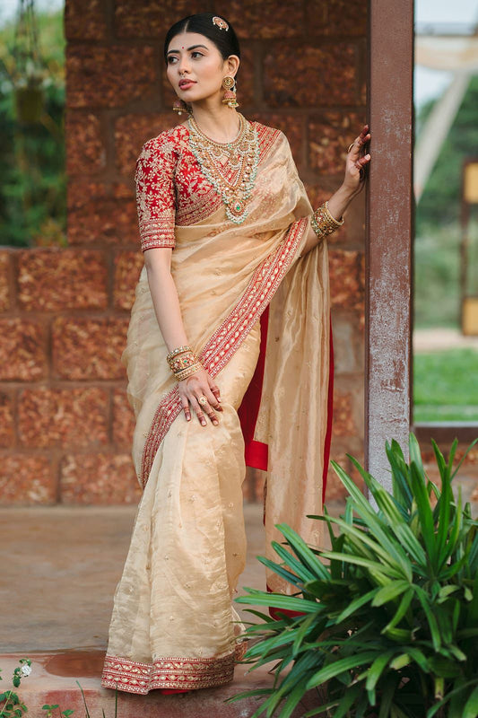 Beige Silk Saree with Red Embroidered Border &amp; Contrasting Blouse.