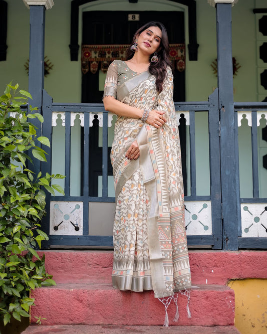 Ivory & Beige Linen Saree with Pastel Leaf Motifs & Olive Green Blouse.