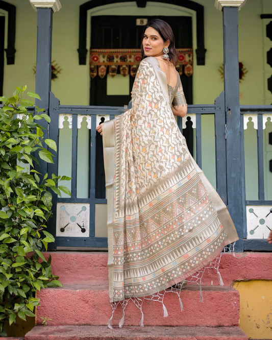 Ivory & Beige Linen Saree with Pastel Leaf Motifs & Olive Green Blouse.