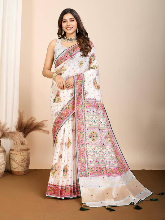 Pearl White Patola Silk Saree with Multicolour Motifs