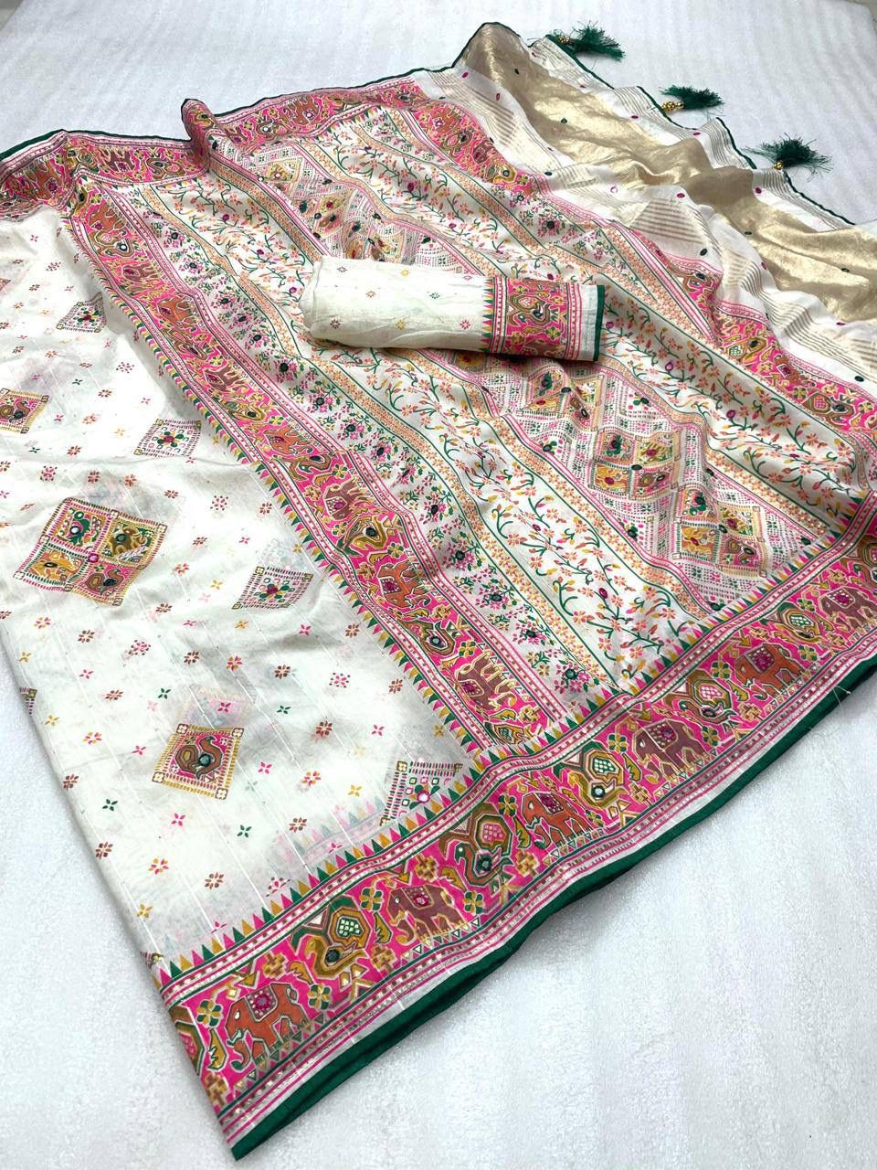 Pearl White Patola Silk Saree with Multicolour Motifs