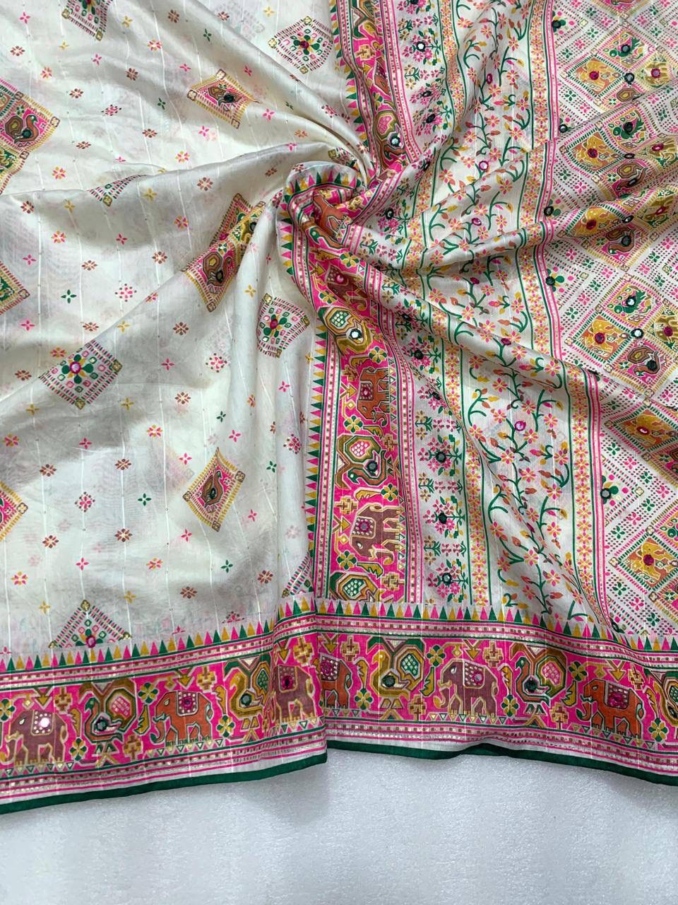 Pearl White Patola Silk Saree with Multicolour Motifs