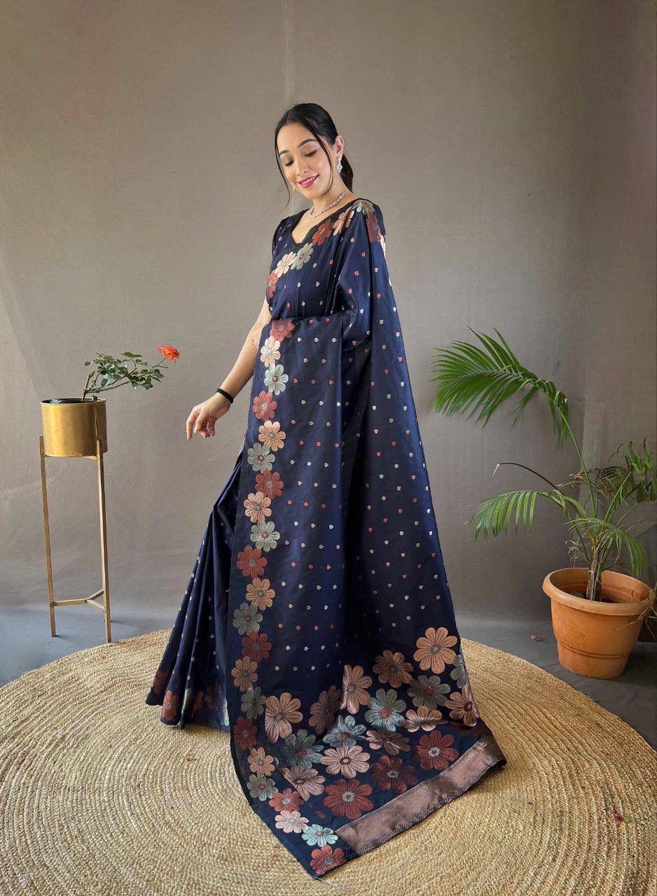 Elegant Floral Lichi Silk Saree with Matching Blouse Piece.
