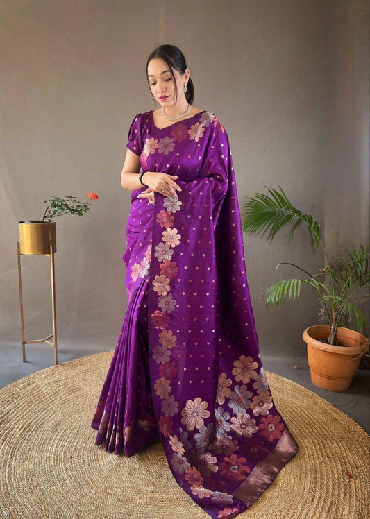 Elegant Floral Lichi Silk Saree with Matching Blouse Piece.