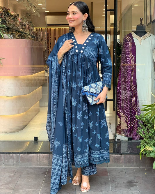 Indigo Anarkali Kurti Set with Mirror & Floral Block Print Detailing.