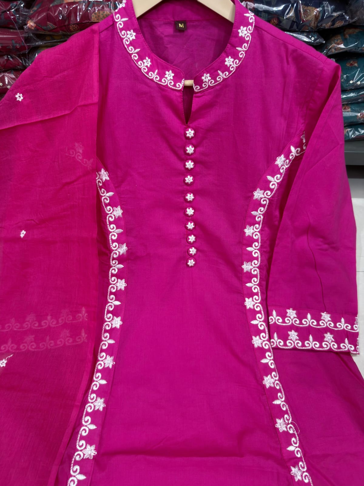 Fuchsia Cotton Kurti Set with Delicate Embroidery.