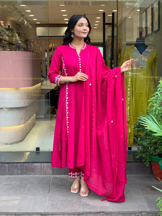 Fuchsia Cotton Kurti Set with Delicate Embroidery.