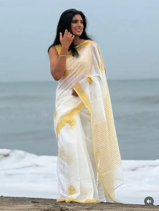 Ivory Linen Saree with Sunny Yellow Digital Prints