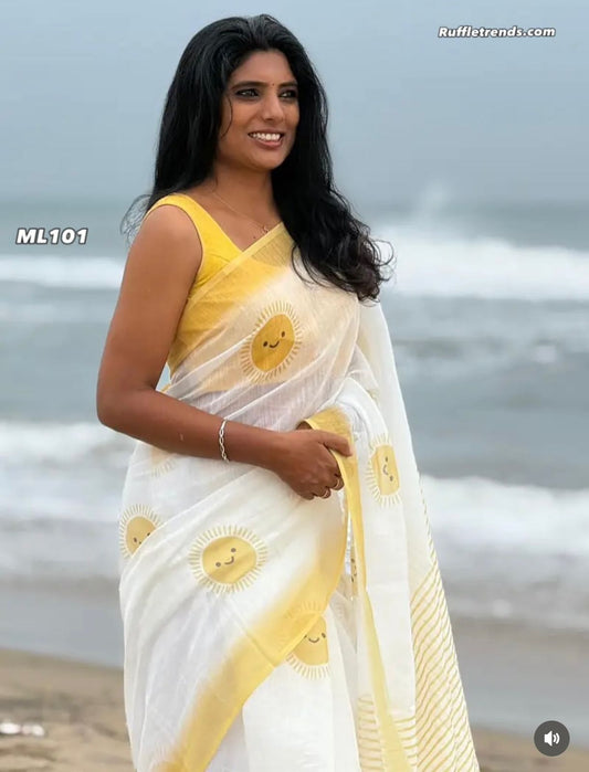 Ivory Linen Saree with Sunny Yellow Digital Prints