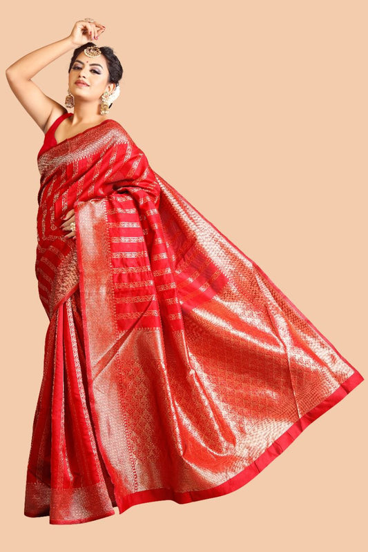 Rich Red Lichi Silk Saree with Jacquard Weaving.
