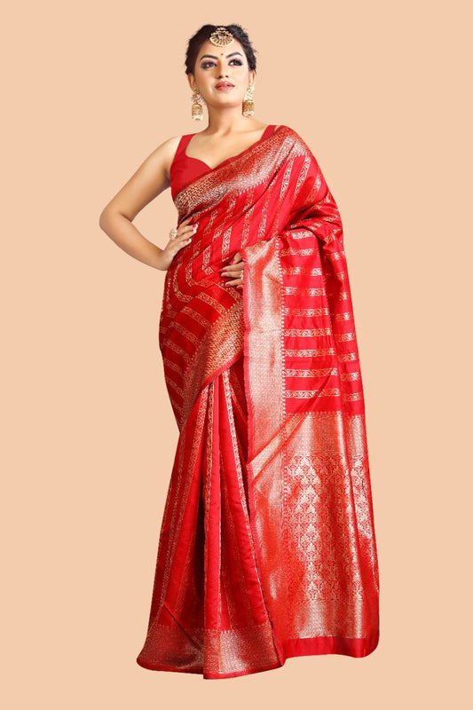 Rich Red Lichi Silk Saree with Jacquard Weaving.