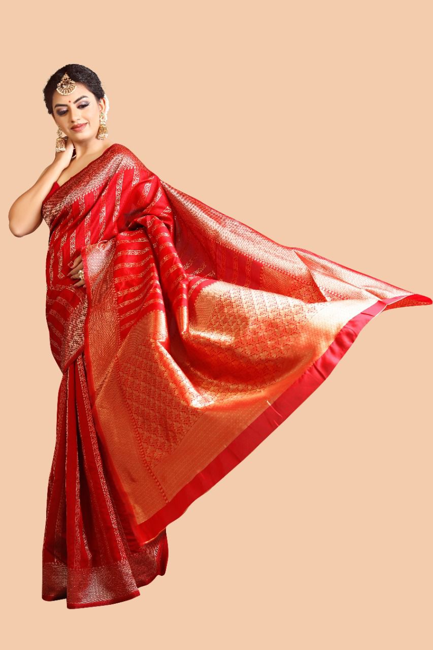 Rich Red Lichi Silk Saree with Jacquard Weaving.