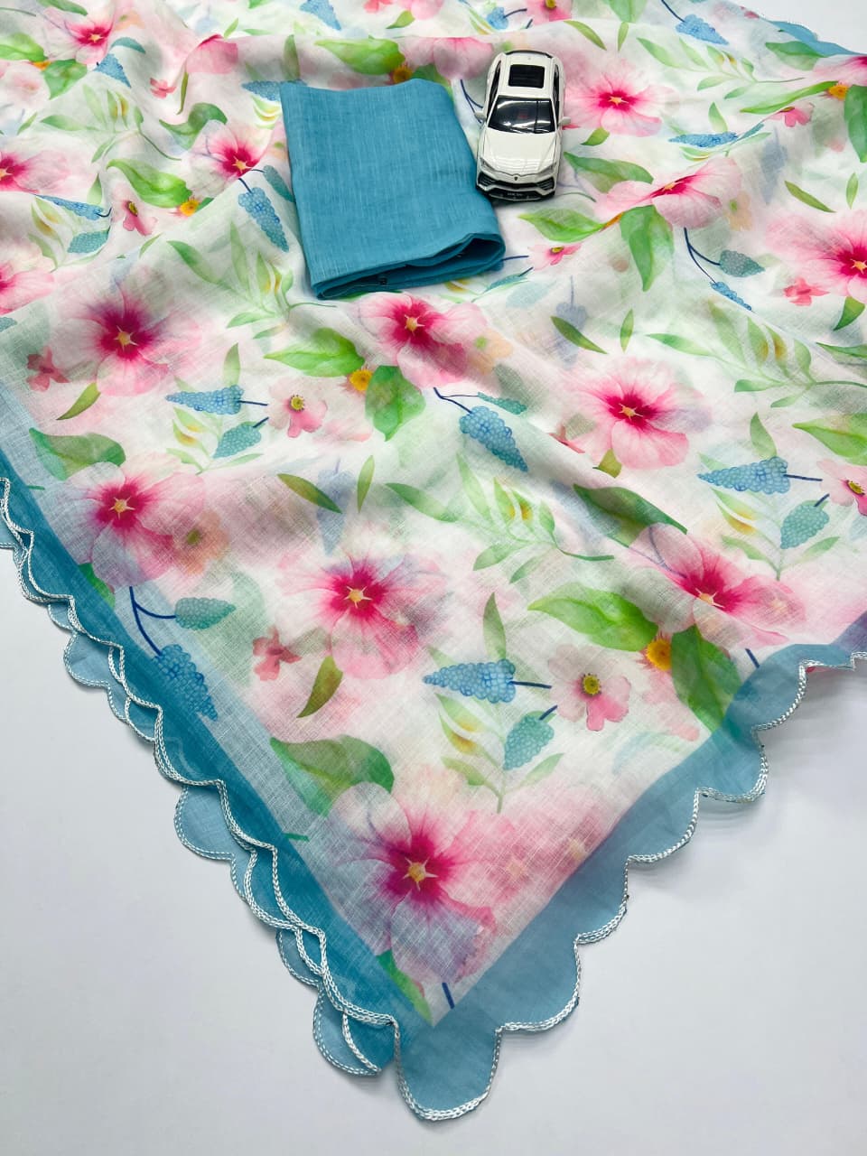 Off-White Linen Saree with Multicolour Floral Digital Print