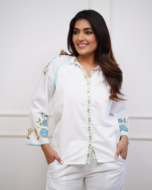 White Cotton Co-ord Set with Floral Embroidery.