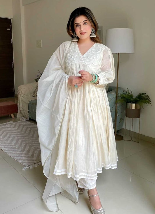 Pure White Embroidered Gown-Style Kurti Set.