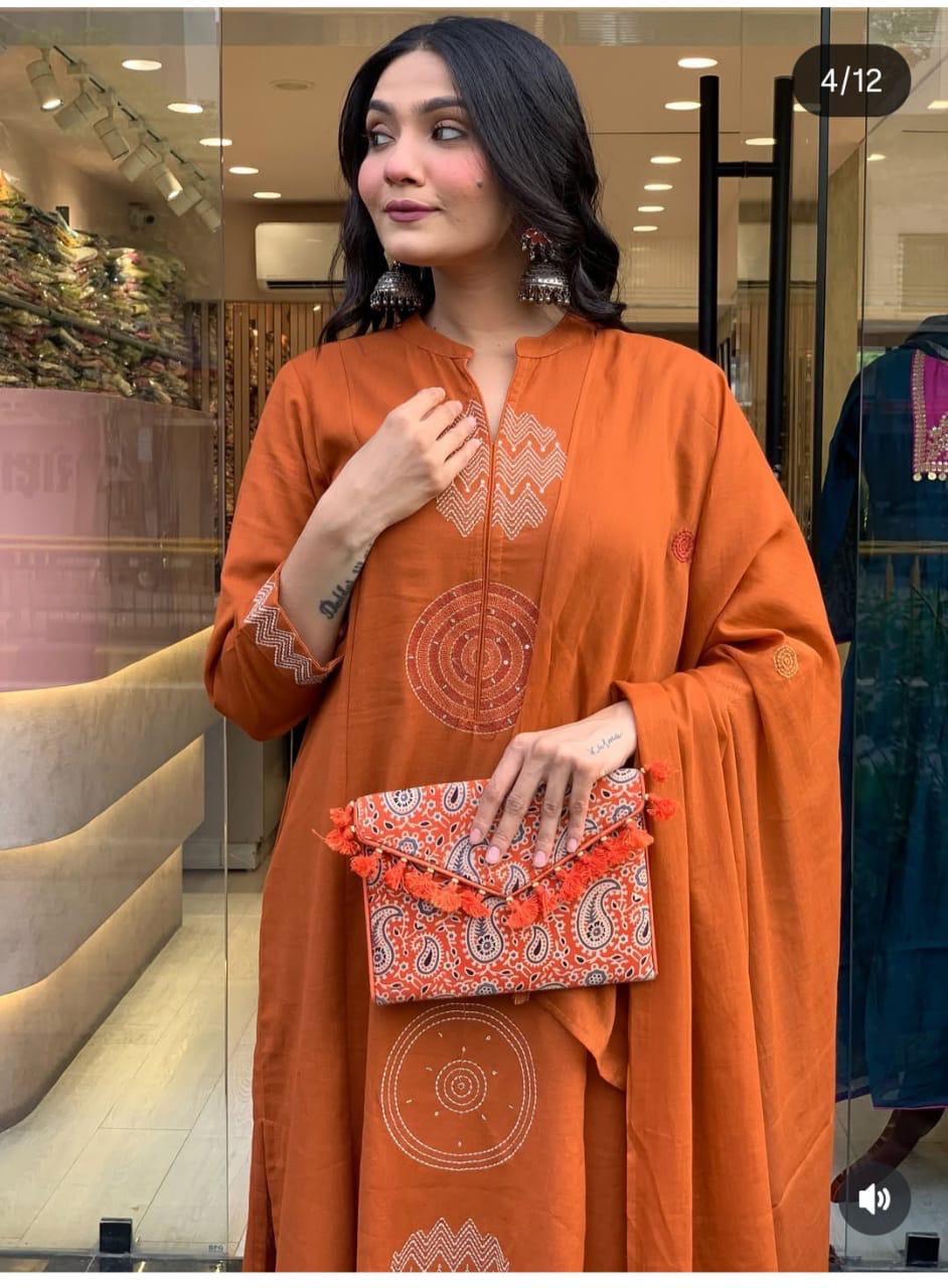 Terracotta Orange Cotton Kurti Set - Straight-Cut.