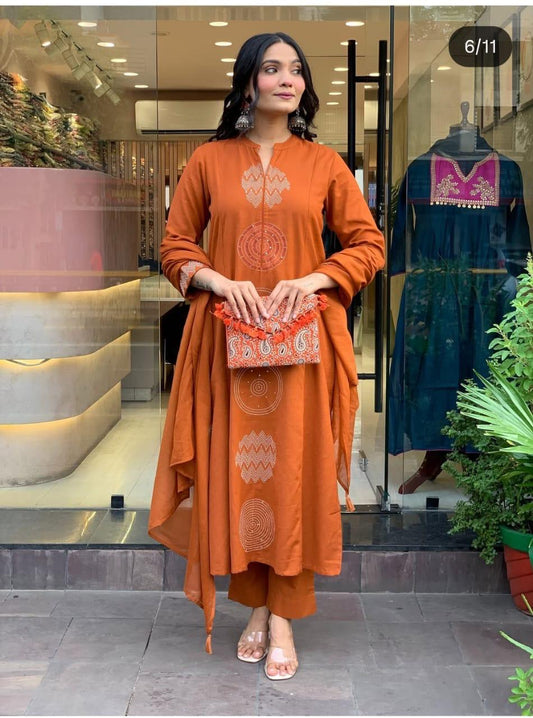 Terracotta Orange Cotton Kurti Set - Straight-Cut.