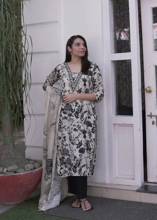 Cream & Black Organza Kurti (Straight-Cut).
