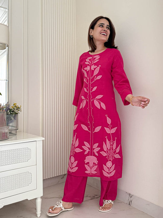 Magenta Pink Two Piece Cotton Kurti Set - Straight-Cut.