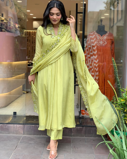 Lime Yellow Cotton Kurta Set with Dupatta.