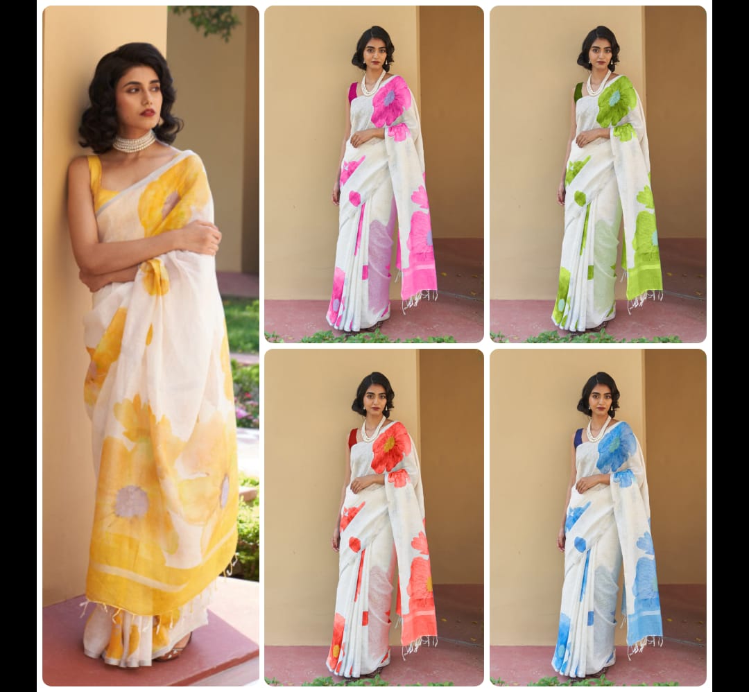 Off-White Linen Floral Digital Print Saree