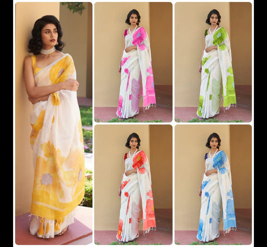 Off-White Linen Floral Digital Print Saree