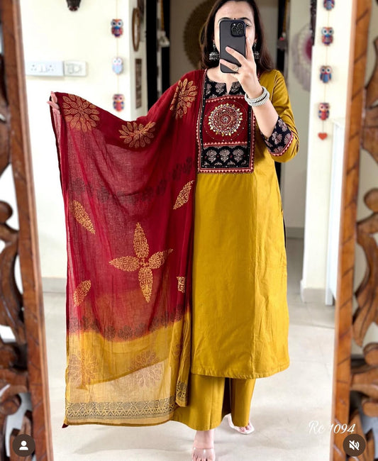 Mustard Yellow Cotton Kurti Set.