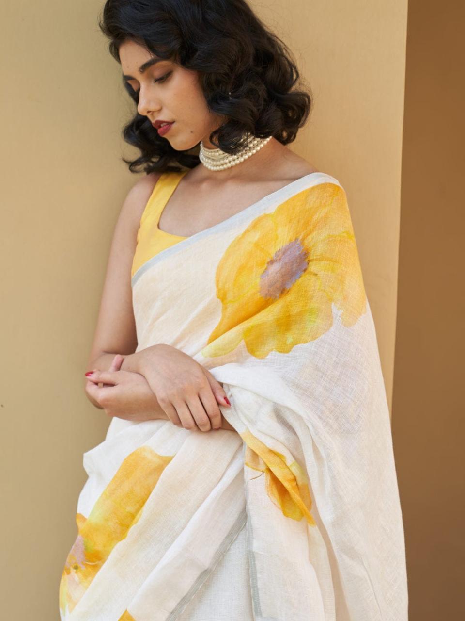 Off-White Linen Floral Digital Print Saree