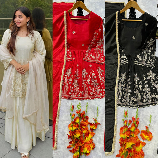 PARTY WEAR CHINNON SILK KURTI SET WITH EMBROIDERY
