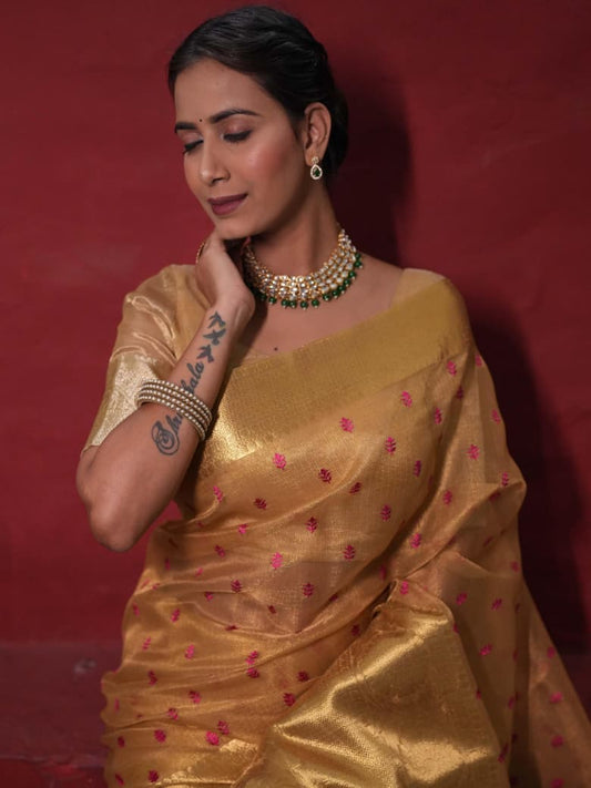 Grand Banarasi Tissue Silk Saree with Gold & Pink Embroidered Work.