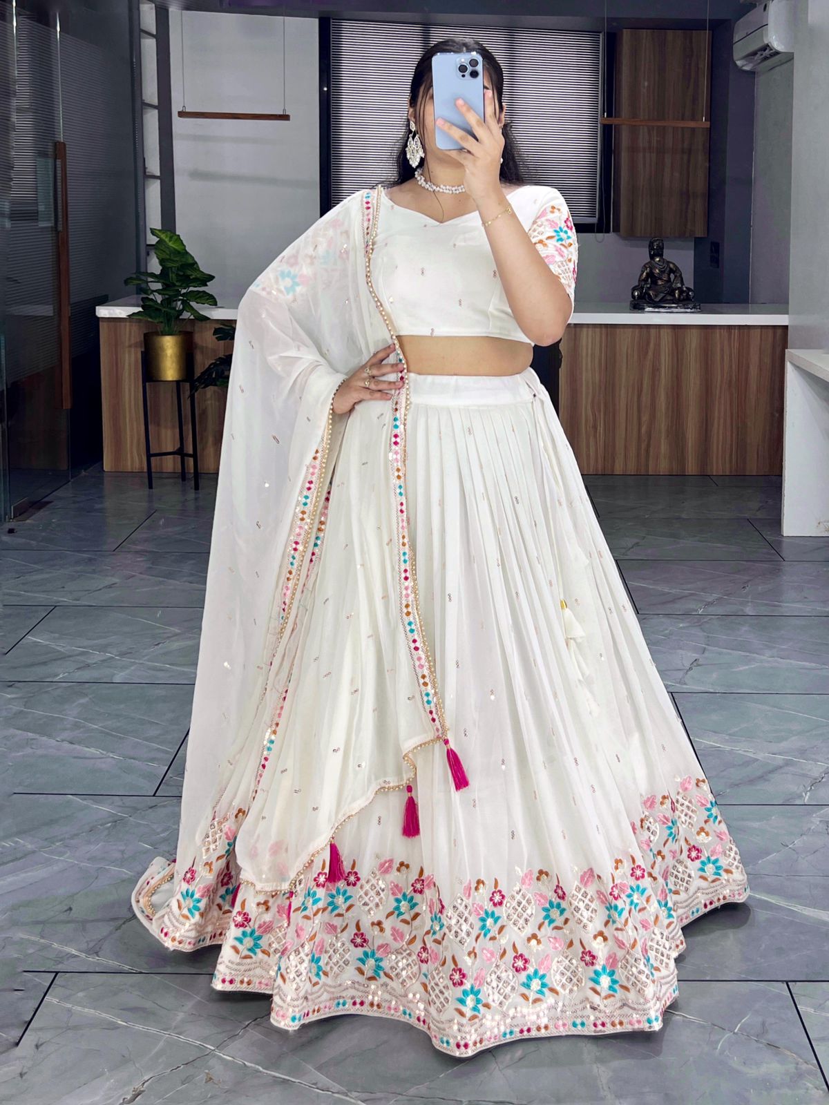 Classical Off White Embroidery Lehenga in Faux Georgette with Dupatta.