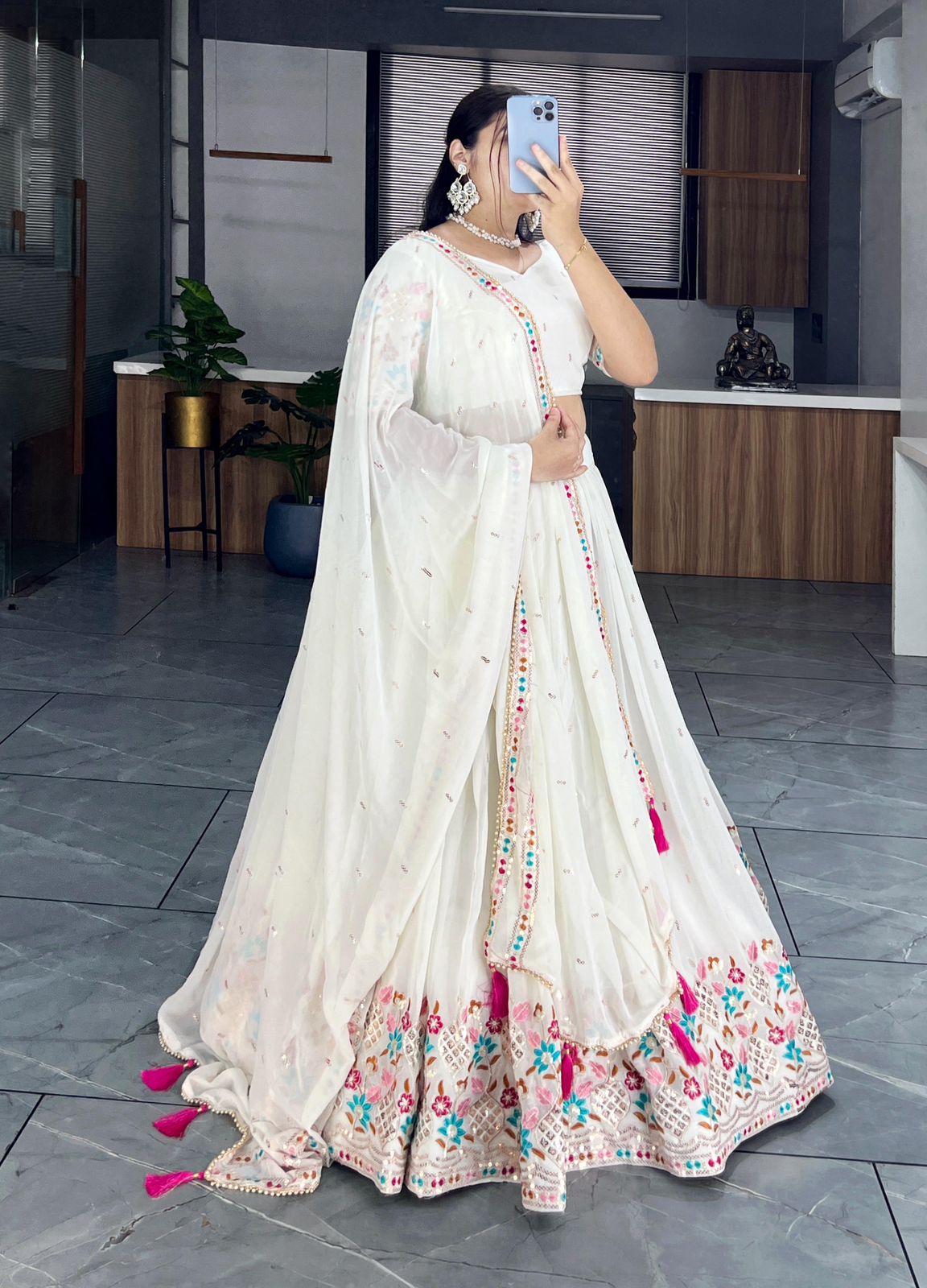 Classical Off White Embroidery Lehenga in Faux Georgette with Dupatta.