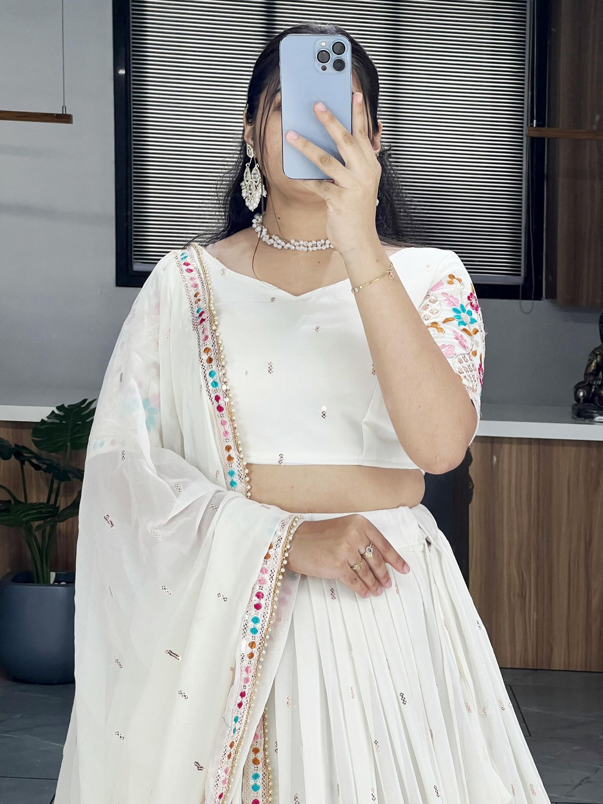 Classical Off White Embroidery Lehenga in Faux Georgette with Dupatta.