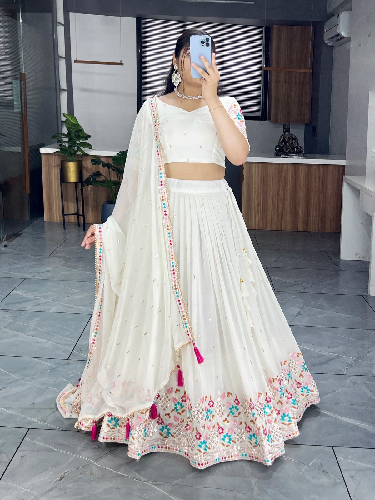 Classical Off White Embroidery Lehenga in Faux Georgette with Dupatta.