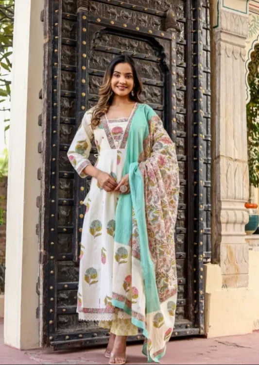 Ivory Cotton Kurti Set with Floral Print.