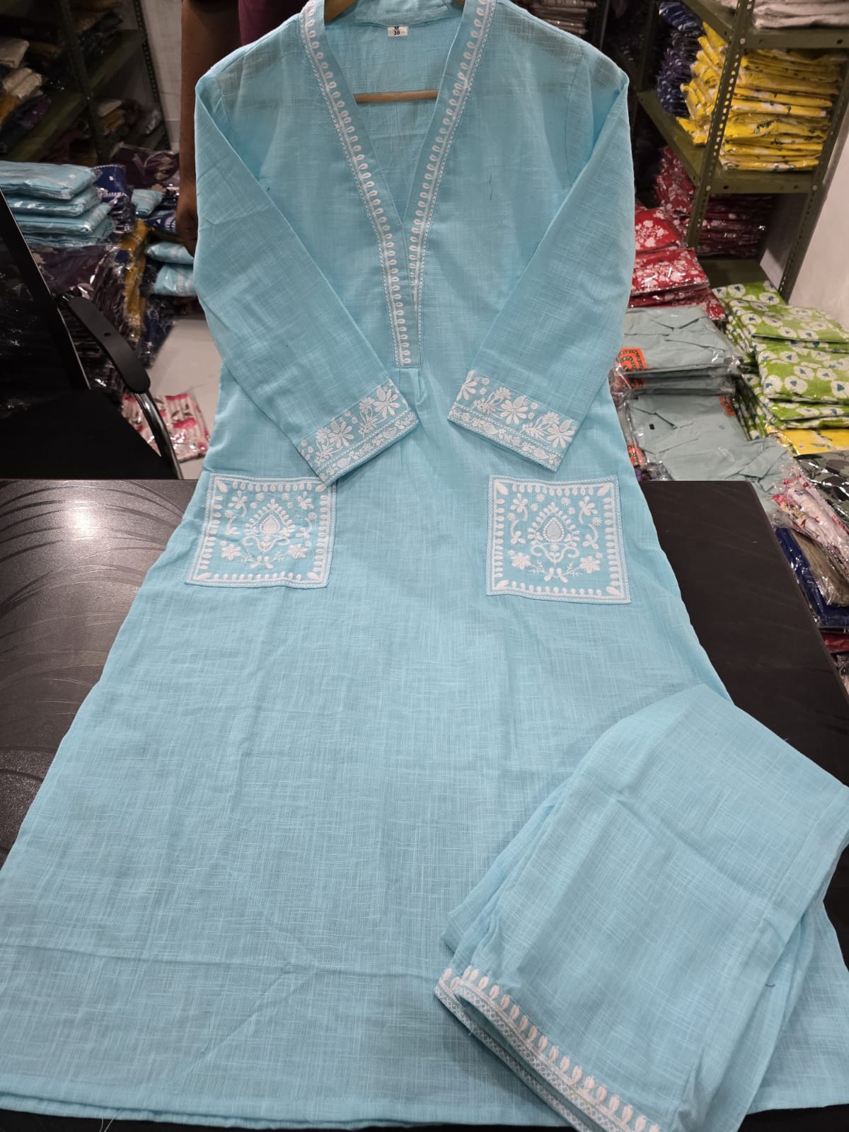 Cotton Slub Kurti & Palazzo Set with Neckline and Pocket Embroidery.