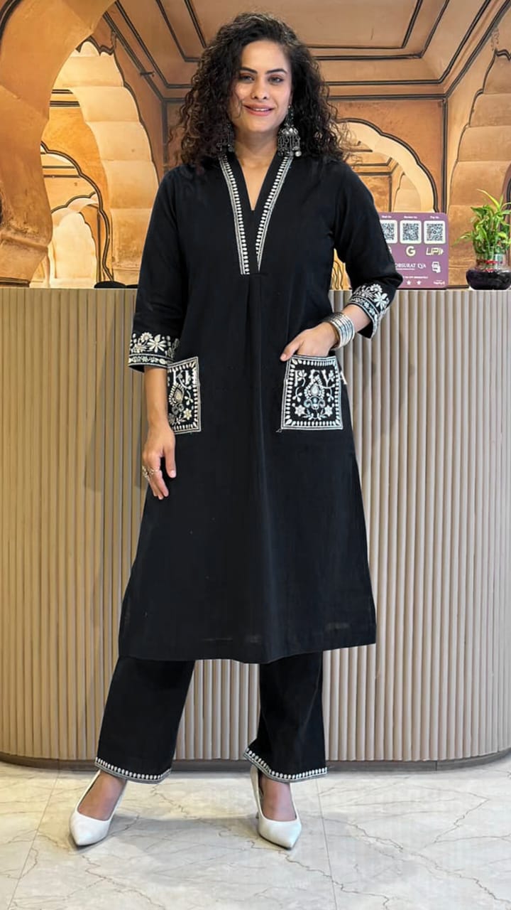 Cotton Slub Kurti & Palazzo Set with Neckline and Pocket Embroidery.