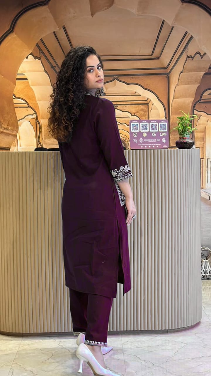 Cotton Slub Kurti & Palazzo Set with Neckline and Pocket Embroidery.