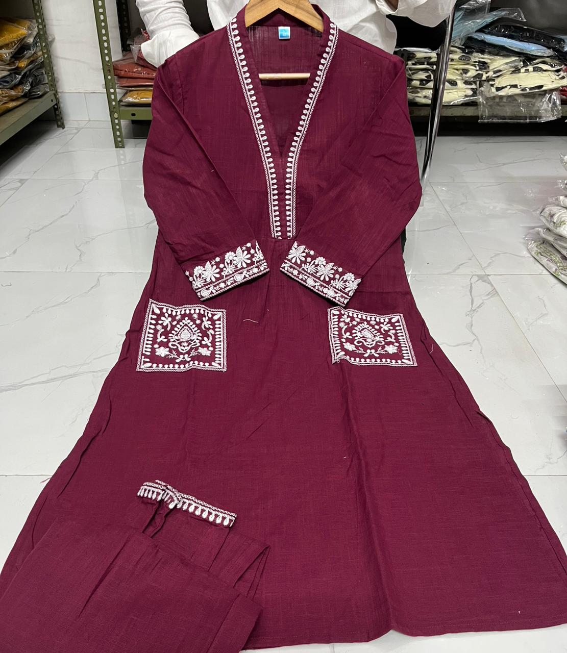 Cotton Slub Kurti & Palazzo Set with Neckline and Pocket Embroidery.