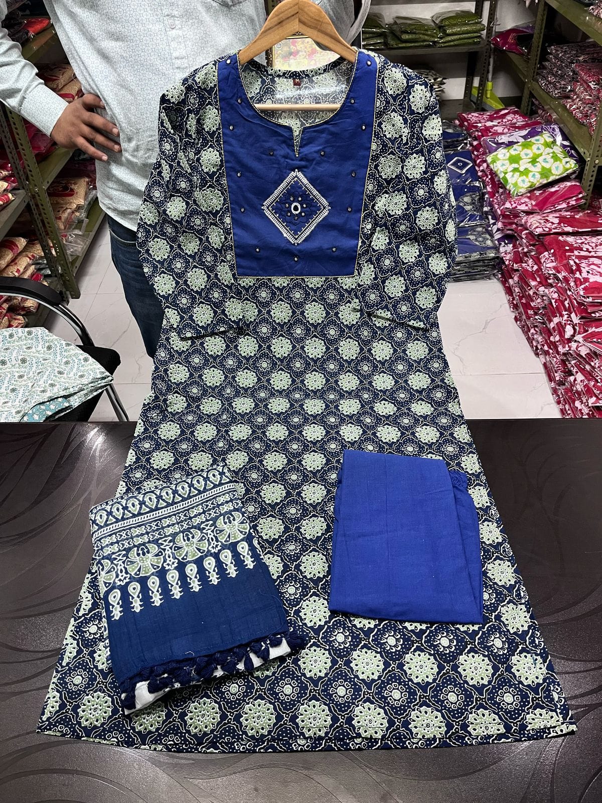 Ajrakh Print Cotton Straight Kurti Set with Dupatta.