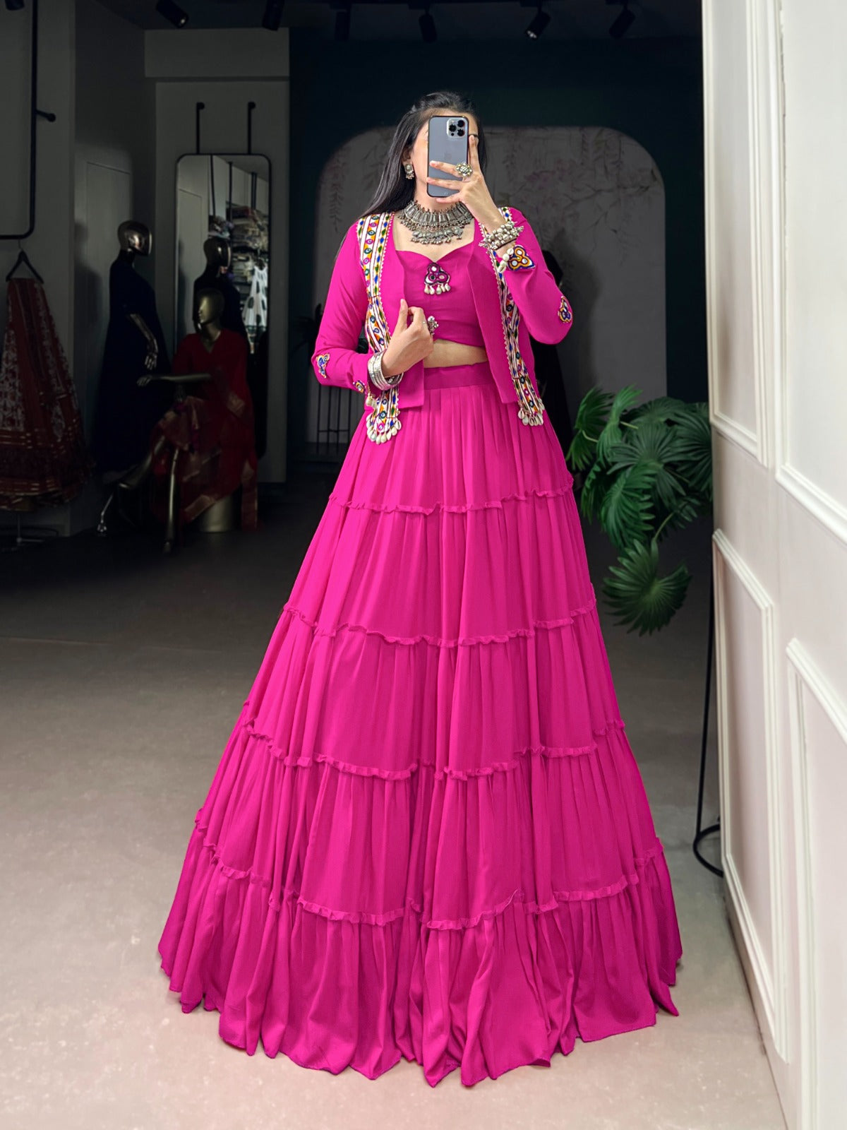 Navratri Special Pure Rayon Lehenga Choli Set with Mirror Gamathi & Cowrie Lace Work.