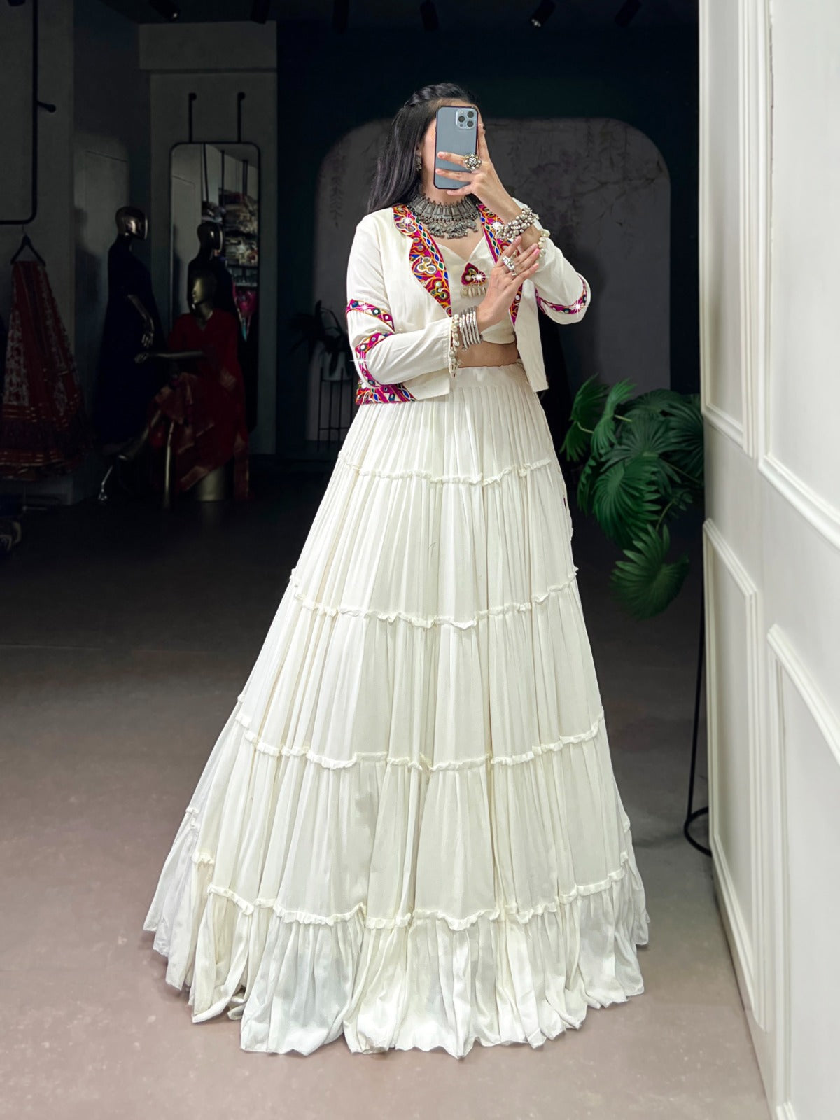 Navratri Special Pure Rayon Lehenga Choli Set with Mirror Gamathi & Cowrie Lace Work.