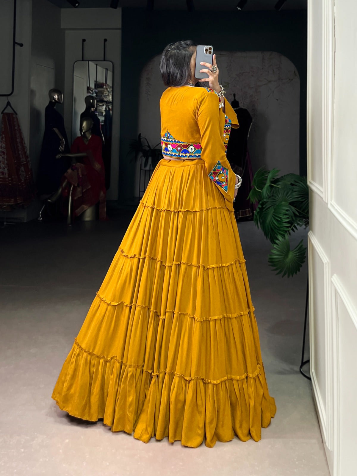 Navratri Special Pure Rayon Lehenga Choli Set with Mirror Gamathi & Cowrie Lace Work.