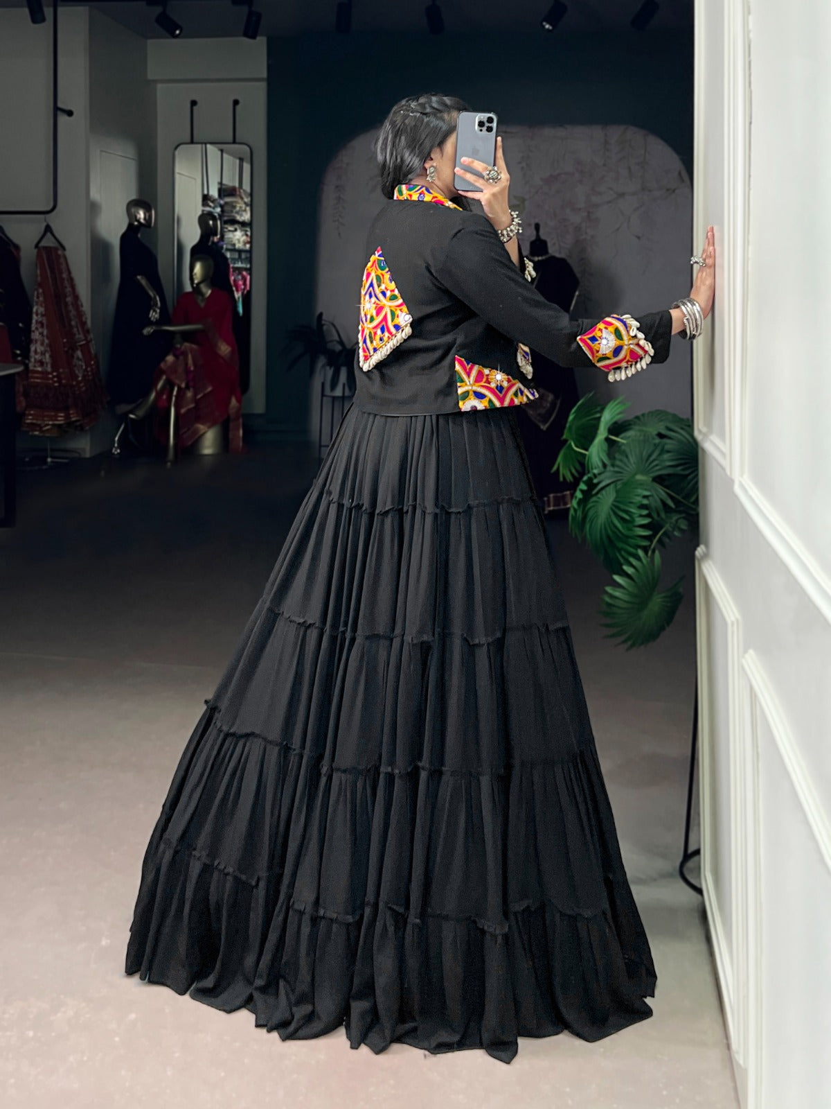 Navratri Special Pure Rayon Lehenga Choli Set with Mirror Gamathi & Cowrie Lace Work.